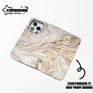 Funda de teléfono con billetera de mármol personalizada, funda de teléfono tipo folio blanca, funda para teléfono con tarjeta de crédito, funda de cuero vegano para iPhone 16, 15, 14, Samsung Galaxy S24, 23 y 22