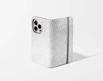 Étui portefeuille personnalisé en cuir végétalien peau de serpent blanche pour iPhone Samsung