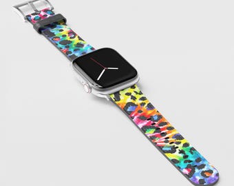 Correa de Apple Watch de piel vegana con estampado de leopardo arcoíris (todas las series)