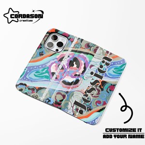 Funda de teléfono con billetera multicolor vintage, funda tipo folio con diseño artístico, funda para tarjetas de crédito, funda de cuero vegano para iPhone 16, 15, 14, Samsung Galaxy S24, 23 y 22