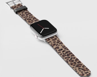 Correa de cuero vegano con estampado de leopardo marrón oscuro para Apple Watch (todas las series)