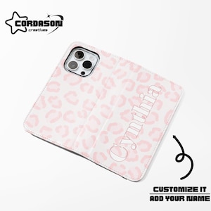 Roze luipaard portemonnee telefoonhoesje luipaard folio telefoonhoes creditcard telefoonhoes veganistisch leer voor iPhone 16 15 14 Samsung Galaxy S24 23 22