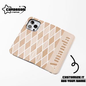 Funda para teléfono con billetera Argyle, funda tipo folio beige para teléfono, funda para tarjeta de crédito, funda de piel vegana para iPhone 16, 15, 14, Samsung Galaxy S24, 23 y 22