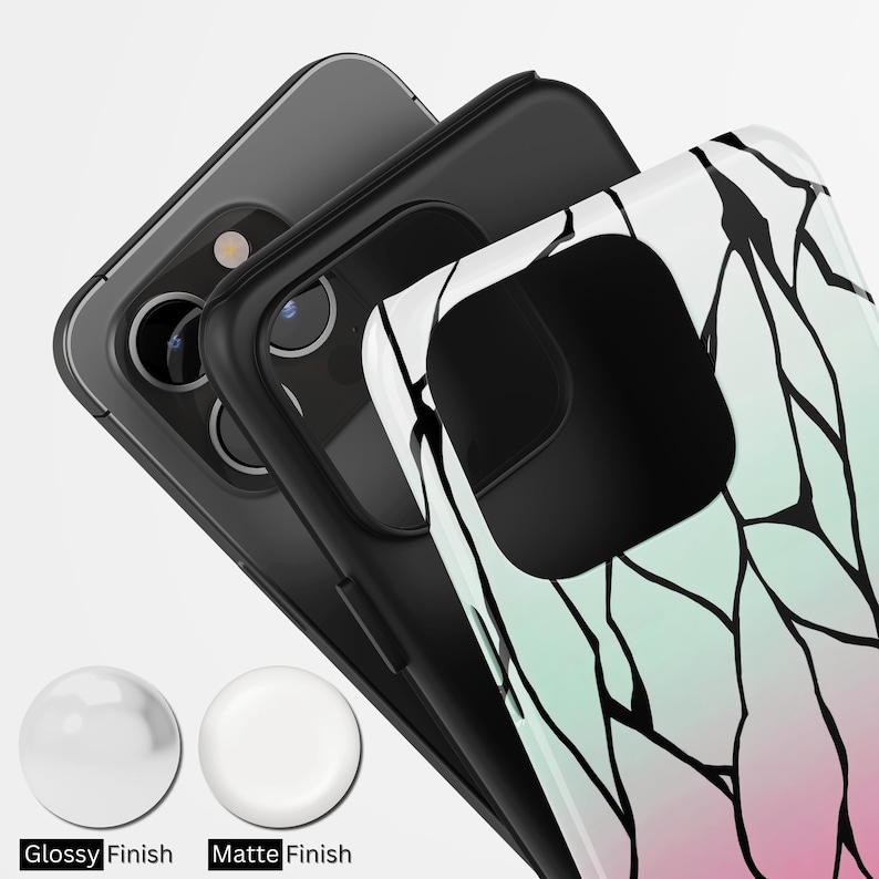 May include: Three smartphones with protective cases. The case on the front has a white, green, and pink design with black lines. The image also shows two finish options: Glossy and Matte.
