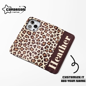 Funda para teléfono con estampado de leopardo, funda tipo folio marrón, funda para teléfono con tarjetero, funda de piel vegana para iPhone 16, 15, 14, Samsung Galaxy S24, 23 y 22