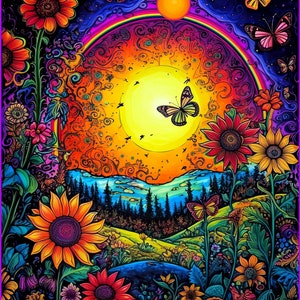 Sun, Butterflies & Flowers - Poster, Blacklight Poster, Fun, Wall Art, Gallery, Pop Art, Artwork, Abstract , Instant Download or Print