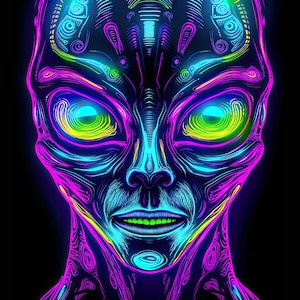 May include: A neon green, blue, and purple alien face with the text "DON'T STARE AT ME!" above it.