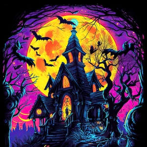 Trick or Treat - Halloween-serie, Poster, Blacklight Poster, Eng, Haunted Mansion, Vleermuizen, Monsters, Kunst aan de muur, Instant Download of Print