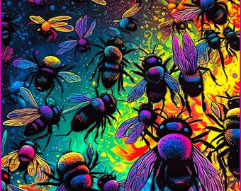 Bees - Poster, Blacklight Poster, Bumble Bee, Fun, Wall Art, Party, Trippy, Pop Art, Artwork, Abstract, Gallery, Instant Download or Print
