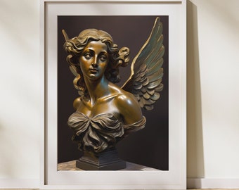 Bronze Bust: Winged Woman, Ancient Greek Sculpture, Oil Painting, Architecture Art Print, Ancient Greece Art, Printable Art, Wall Art