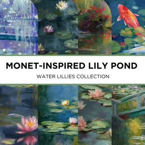 Monet-geïnspireerde Lily Pond digitale papier - waterlelies collectie - 12 ontwerpen - 12x12in - commercieel gebruik - sublimatie artistieke achtergronden