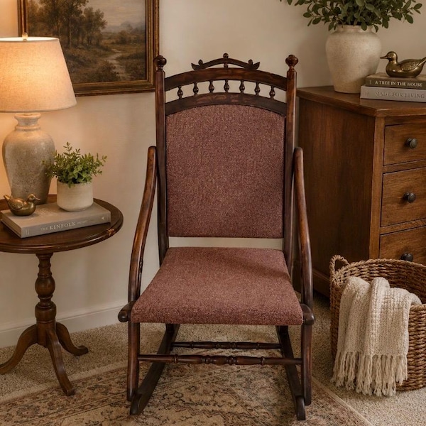 Antique Victorian Parlor Rocking Chair, Hand Carved Wood, Carpet Upholstery