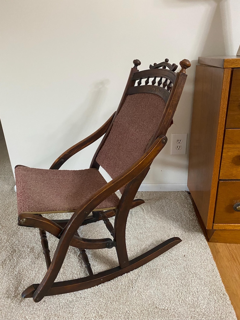 Antique Victorian Parlor Rocking Chair, Hand Carved Wood, Carpet ...
