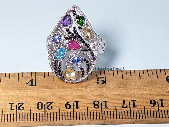 Vintage TJC 925 GP Size 7 Rare RING Multi Gemstone Cluster Gem Stone Intricate Dotted Ring Sterling Silver Teardrop Pear Chunky Statement Etsy Finland