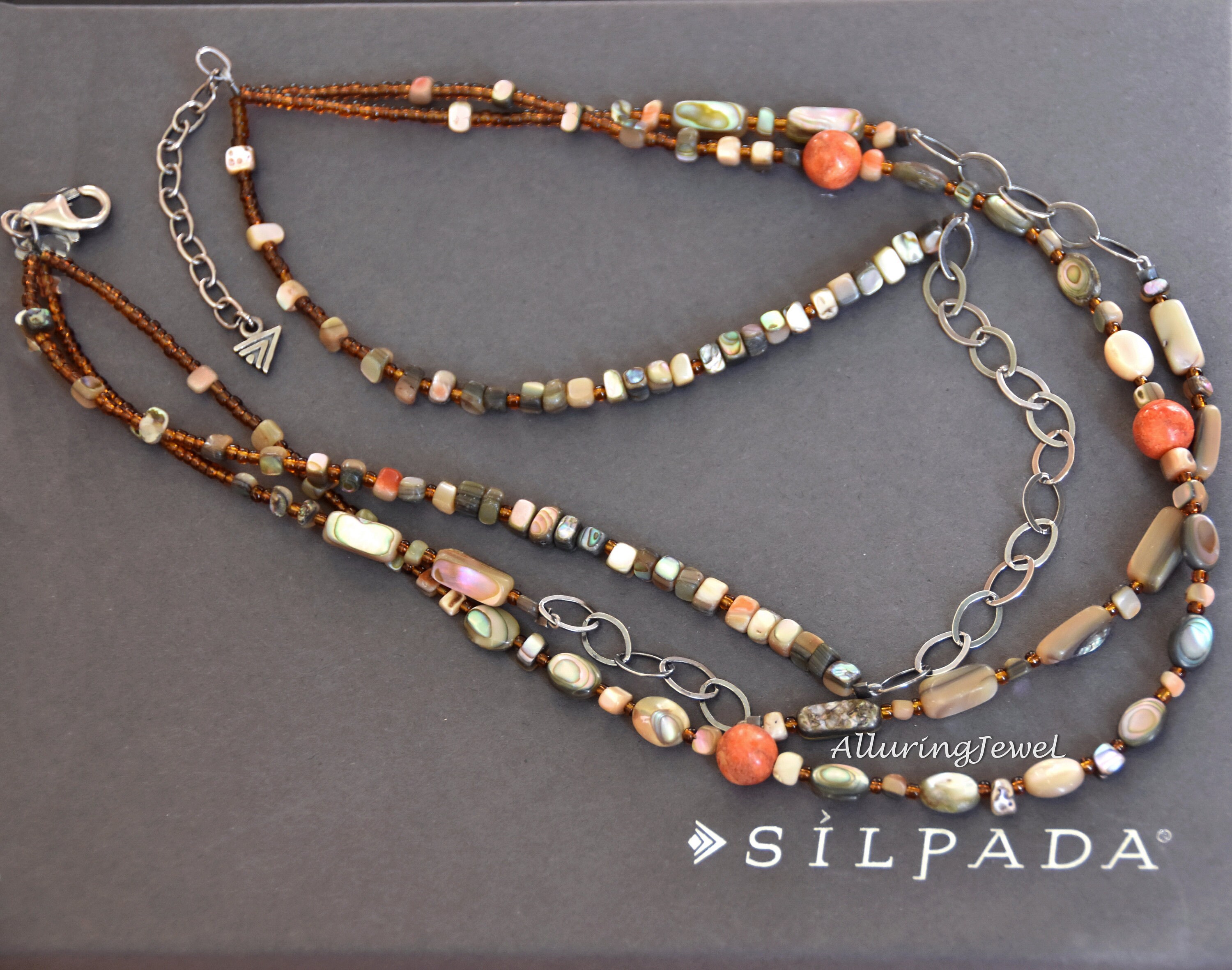 Silpada N1563 Fiesta Fun 16-18 "Abalone Shell Schwamm Koralle Samen Kette Perle im Ruhestand Halskettenverlängerer Natürlich oxidiert guten sauberen Zustand