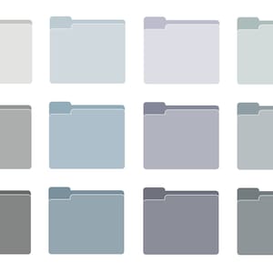 May include: Twelve gray, blue, and white folder icons. The icons are arranged in four rows of three. Each icon has a tab at the top.