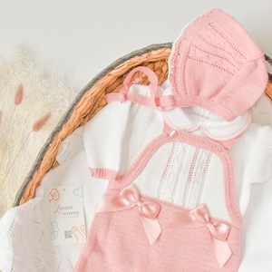 Embroidered Newborn Romper Set: Knitted Baby Girl Clothes, Old Rose