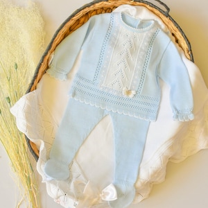 TWEEdelige gebreide outfit Spaanse set babyshower cadeau primera puesta pasgeboren outfit eerste outfit pasgeboren baby gebreide outfit jongen gender reveal jongen