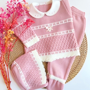 Knitted Baby Girl Set: Embroidered Newborn Outfit, Handmade in Europe