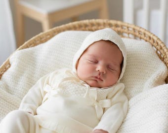 Punto Recién Nacido Neutral blanco beige primer traje ir a casa Hospital hecho en España Conjunto de punto sala maternidad traje punto bebe primera puesta