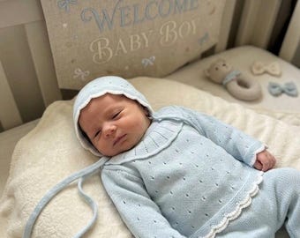 Ensemble tricoté pour nouveau-né avec bonnet bleu vêtements pour bébé Linge pour sortie d'hôpital hôpital de style espagnol sala maternidad bebe enceinte
