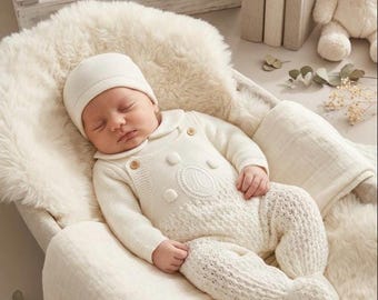 Conjunto de punto para recién nacido, algodón beige, hospital, primer conjunto, hecho en España, estilo español.