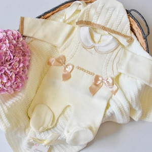 Handmade Cable Knit Romper Set: Newborn Baby Girl Outfit