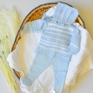 Gebreide babykatoen Spaanse stijl pasgeboren baby komt als eerste thuis pasgeboren outfit eerste babyoutfit footie gebreide babyoutfit Ziekenhuisbabyjongen