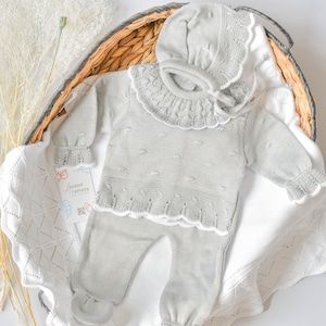 Spaanse gebreide pasgeboren gebreide set peto primera puesta babyjongen gebreide kleding pasgeboren outfit eerste outfit baby gebreide footie baby ziekenhuis
