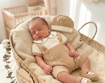 Knitted Newborn set cowboy Cotton boy baby Hospital first outfit made in Spain Knit Set
