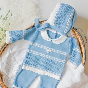 Gebreide babyjongen Spaanse stijl gebreide pasgeboren baby komende pasgeboren outfit eerste baby outfit footie baby gebreide outfit ziekenhuis pasgeboren jongen cadeau