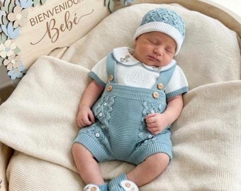 Personalized Newborn Boy Knitted Horse Set Hospital cotton first outfit made in Spain Knit Set baby going home pregnant 40 weeks