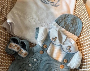 Newborn boy set with blanket horse theme baby knitted first cloth