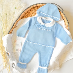 Knitted Clothes Newborns boy Spanish Set Knit Baby Outfit for Coming Home Christening Baptism and Shower Gift Recien nacido premmie gift