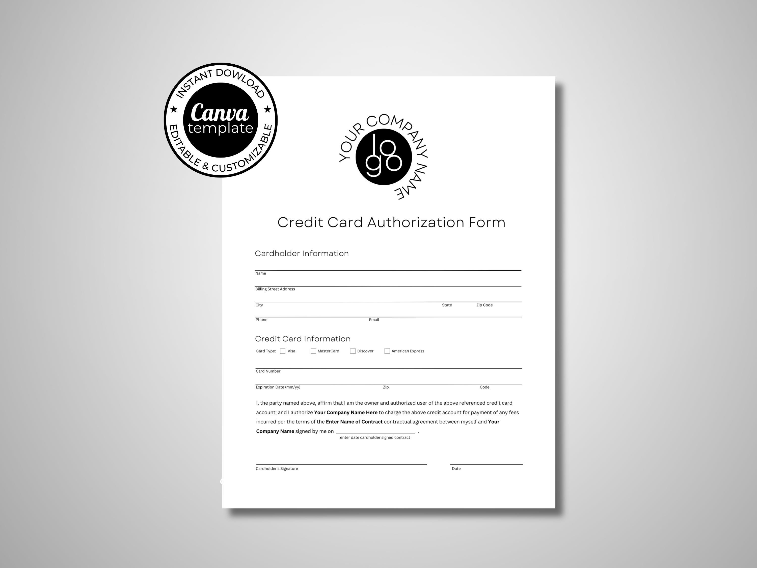 Credit Card Authorization Form | Editable Canva Template | Instant ...