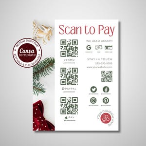 QR Code Sign | Scan to Pay Canva Template | Venmo, Zelle, Apple Pay, PayPal Display | Small Business Payment Form | Christmas Holiday