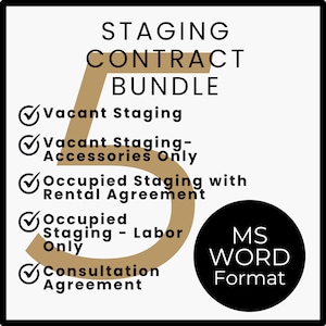 May include: A checklist of five staging contract bundle options in a gold colour with a black circle containing the text "MS WORD Format".