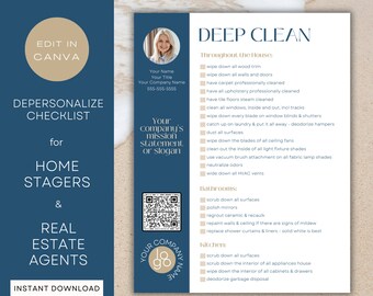 Home Staging List | Deep Clean Checklist for Stagers and Real Estate Agents | Seller Guide | Canva Template | Navy Blue and Tan