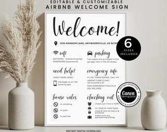 Airbnb Willkommensschild | Bearbeitbare Canva Vorlage | VRBO, Kurzzeitverleih, Urlaubsverleih Beschilderung | Sofortdownload | 6 Größen enthalten