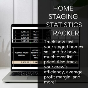May include: A laptop computer screen displaying a spreadsheet with the title "Home Staging Statistics Tracker". The spreadsheet tracks data such as average profit margin, revenue as a percentage of list price, and time to sell. The text on the screen reads "Track how fast your staged homes sell and for how much over list price! Also track your crew's efficiency, average profit margin, and more!"