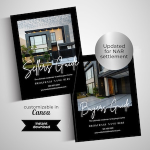 May include: Two black brochures with images of modern homes. One is labeled "Sellers Guide" and the other "Buyers Guide." Text includes "The ultimate roadmap to selling/buying your home," a phone number, and website address. A silver circle reads "Updated for NAR settlement."