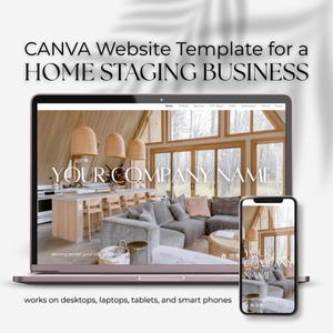 May include: A laptop and smartphone display a website template for a home staging business. The website features a modern interior design with neutral colors. Text on the screen reads "YOUR COMPANY NAME" and "serving [enter your city or area here]"