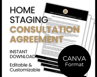 Könnte beinhalten: Ein Schwarzweißbild eines Home-Staging-Beratungsvereinbarungs-Templates. Der Text "HOME STAGING CONSULTATION AGREEMENT" befindet sich oben auf dem Dokument. Der Text "CANVA Format" befindet sich unten auf dem Dokument. Der Text "INSTANT DOWNLOAD Editable & Customizable" befindet sich auf der linken Seite des Bildes.