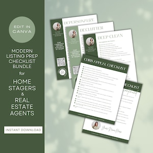 May include: A set of four printable checklists for home stagers and real estate agents. The checklists are titled "Depersonalize", "Declutter", "Deep Clean", and "Curb Appeal Checklist". Each checklist includes a list of tasks to complete before listing a home for sale.