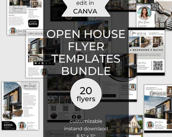 Op de afbeelding: Een bundel van 20 open huis flyer sjablonen. De flyers tonen moderne foto's van huizen, QR-codes en aanpasbare velden. De tekst bevat "Open House Flyer Templates Bundle", "Edit in Canva" en "8,5" x 11".
