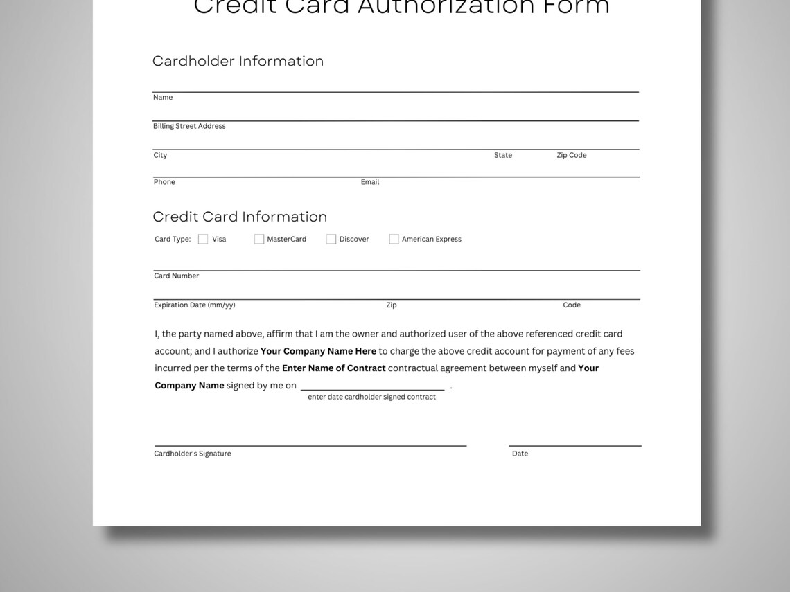 Credit Card Authorization Form | Editable Canva Template | Instant ...