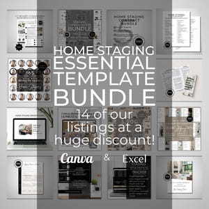 May include: A collection of home staging templates, including a consultation bundle and contract bundle. The image features various documents and digital mockups, with the text "HOME STAGING ESSENTIAL TEMPLATE BUNDLE" and "14 of our listings at a huge discount!"