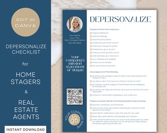 Home Staging List | Depersonalize Checklist for Stagers and Real Estate Agents | Customizable, Printable Canva Template | Navy Blue and Tan