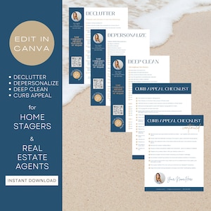 Home Staging Checklist Bundle | Real Estate Agents, Stagers | Declutter, Depersonalize, Deep Clean, Curb Appeal | Blue & Tan Canva Templates