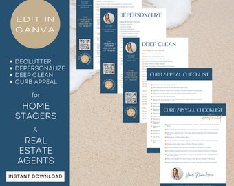 Home Staging Checklist Bundle | Real Estate Agents, Stagers | Declutter, Depersonalize, Deep Clean, Curb Appeal | Blue & Tan Canva Templates